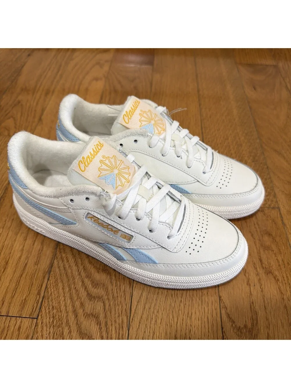 Size 6 US women’s Reebok Club C Revenge Sneakers White Light Blue Gold Leather